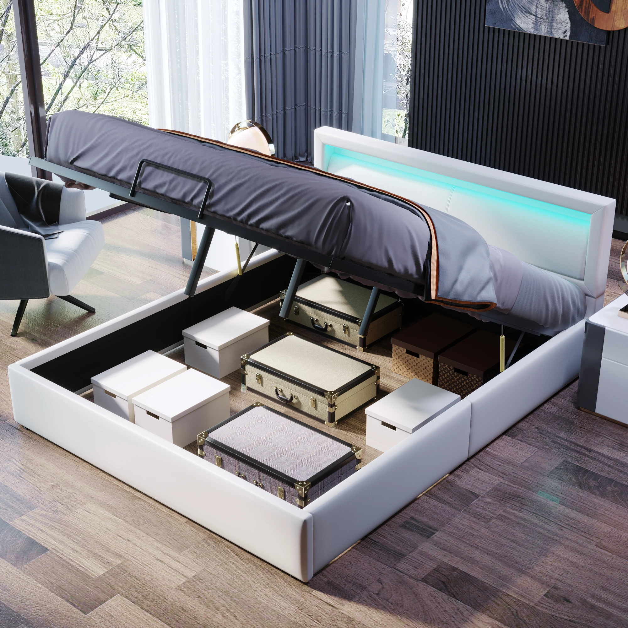 Upholstered Bed LED Bed 140*200cm with Slatted Frame and Storage Space with Illuminated Headboard in Various Colors White
