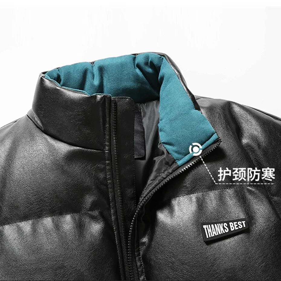 PU Parkas Men Winter Thick Jacket Coat Fashion Casual PU Padded Jacket Male Winter Parkas Solid Color Stand Collar