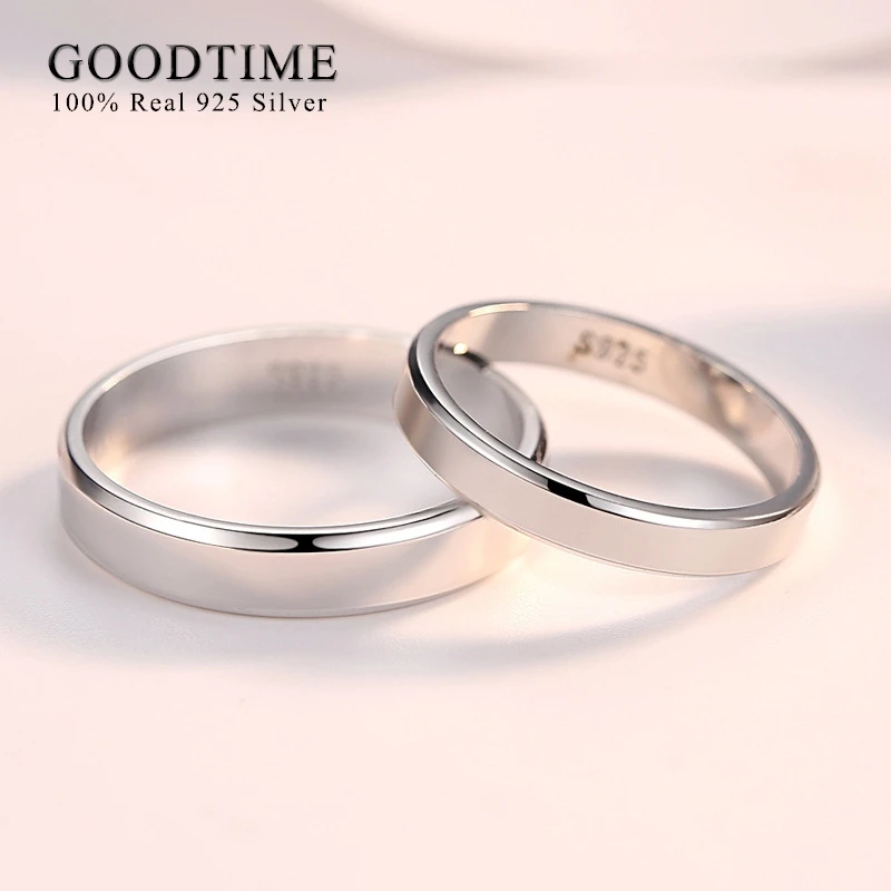 Trendy Pure 925 Sterling Silver Women Men Couple Ring Smooth Wedding Band Anniversary Jewelry Gift for Lovers