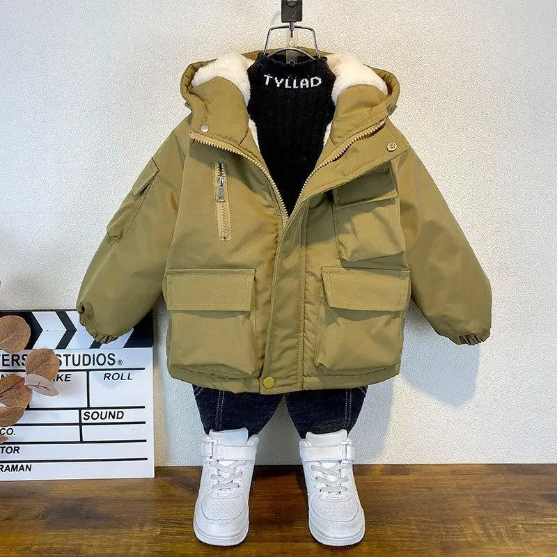 Winter Warm Children Boys 2-10Years Fashion Boys CoatJacket Khaki Black Thick Warm Down Clothes Kids Zipper Hooded Outerwear
