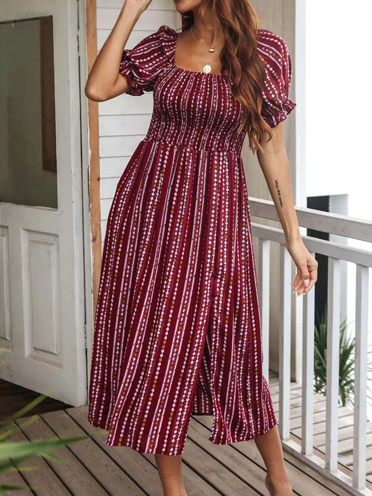 

Ladies High Waist A Line Party Dress For Women Summer Long Print Dress Women Puff Sleeve Slit Dress