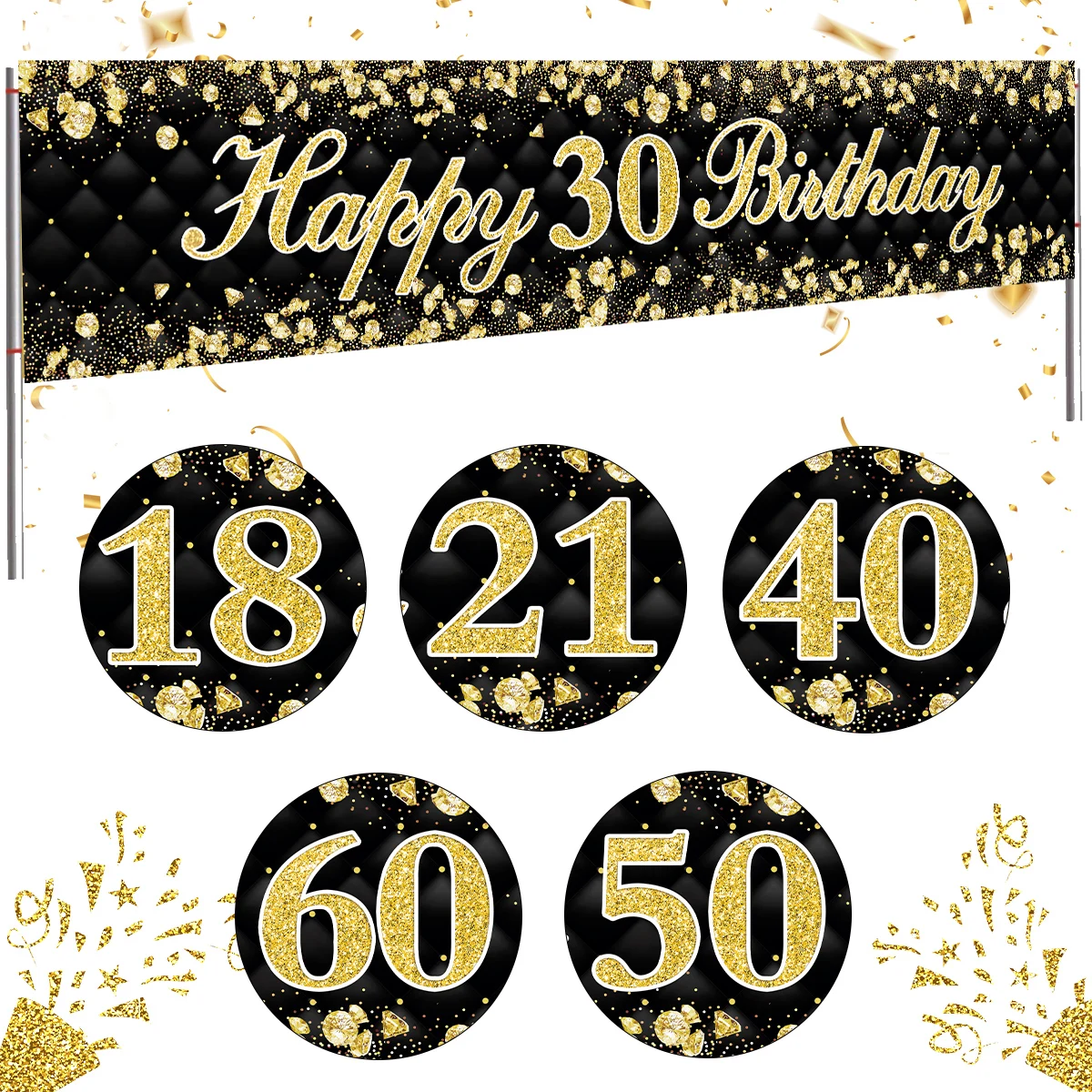 

Black Gold Happy Birthday Banner Balloon Flag Adult 18th 21th 40th 50th Birthday Party Decoration Supplies Bunting Anniversary