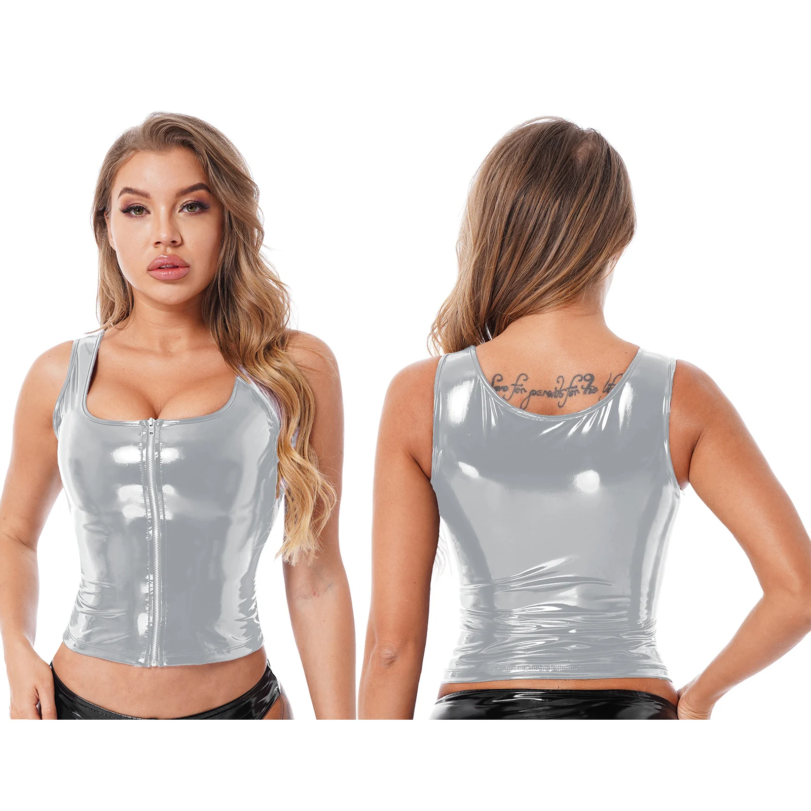 thumbnail image 1 of Chaleco con cuello levantado de charol para mujer, chaqueta sin mangas con cremallera a la moda, traje de fiesta Rave, ropa para discoteca con aspecto húmedo, 1 of 5