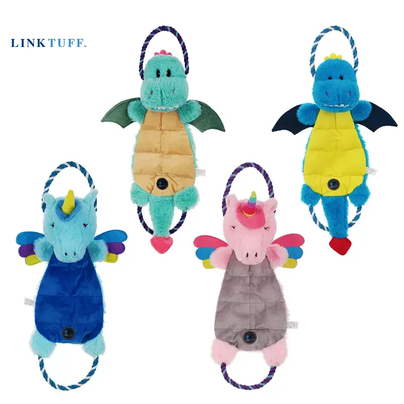 Link Tuff Crinkly & Squeaky Dog Toys Tug Ropes (Dinosaurs & Unicorns)