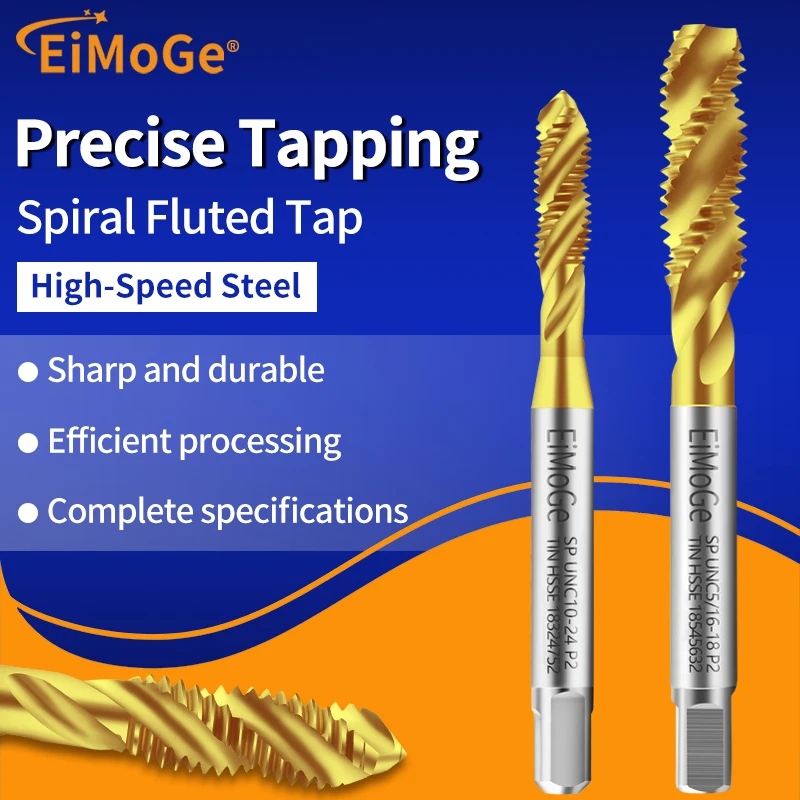 EiMoGe HSSE 미국산 TIN 코팅 스파이럴 플루트 탭 UNF/C/S 0-80 1-64 5/8 3/4 기계용 미세 나사산 탭