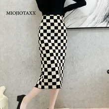 

MIOJIOTAXX 2022 New Spring Casual Fashion Plaid Straight Mid-Calf Empire Split Sweater Long Skirts for Women Vintage