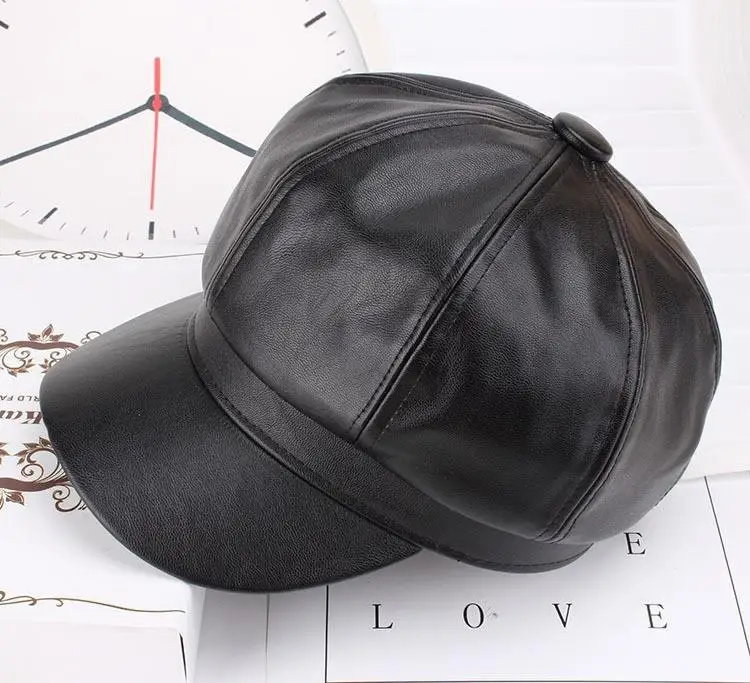 British Style Berets Visor Pu Leather Flat Top Hat Retro Black Painter Hat Classic Versatile Adjustable Beret Casual Sun Hats
