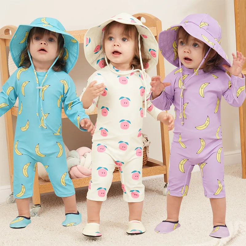 Kids Swimsuits 1-7Y Baby Boys Girls One Piece Swimwear Swimsuit Dinosaur Style Children Bathing Beach Suit Long Sleeve Sunscreen With Sun Hat