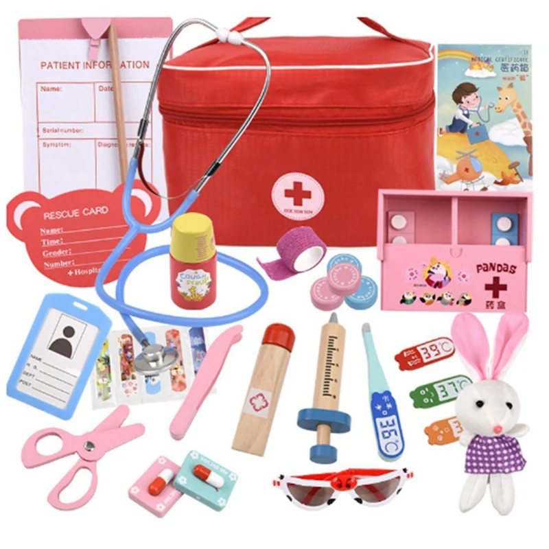A72I Doctor Toys for Children Set Kids Wooden Pretend Play Kit Games for Girl Boy Red Medical Dentist Medicine Box
