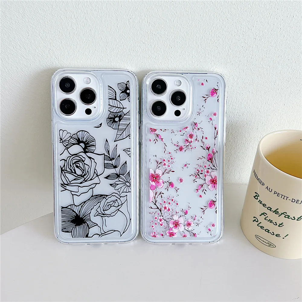 Coque de téléphone à fleurs mignonnes de style coréen INS pour iPhone 15 14 12 13 11 Pro Max 14Plus 15Plus en silicone souple transparent résistant aux chocs_voghion.com