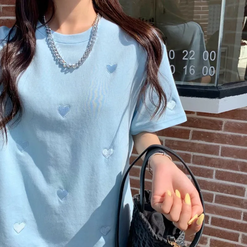 여성용 반팔 O넥 티셔츠, 한국 스타일, 사랑 자수 패션, 여성용 탑 티셔츠, 용..