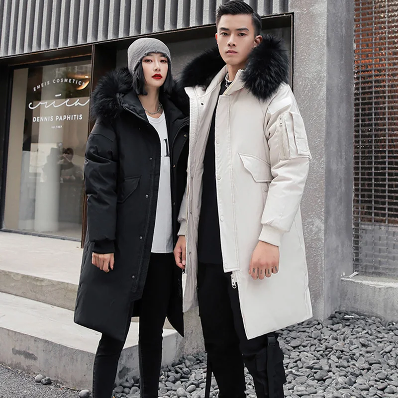 

Mens Women Winter Couple Down Jacket Mens Casual Slim Hooded Fur Collar Warm Long Down Coats Outdoor Thicken windbreak Coats