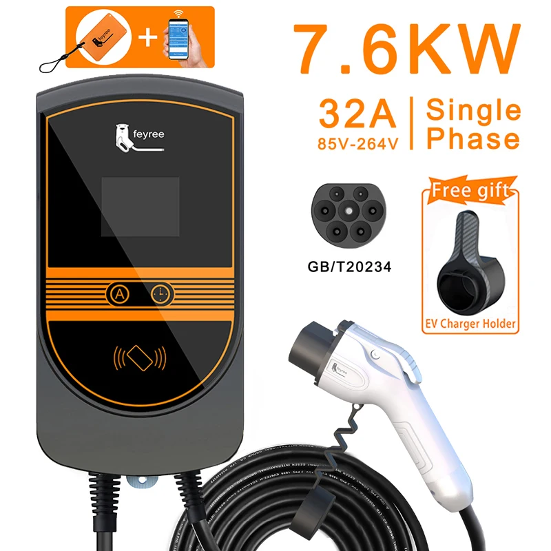 

feyree EV Charger GB/T Cord 32A 7KW 1Phase 11KW 22KW 3 Phase APP Control EVSE Wallbox for Electric Vehicle Car Charging 5m Cable