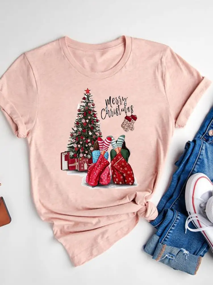 

T Shirt Christmas Short Sleeve Tee Clothes Top Print Women Sweet Cartoon Festival Trend New Year Fashion Basic Graphic T-shirts