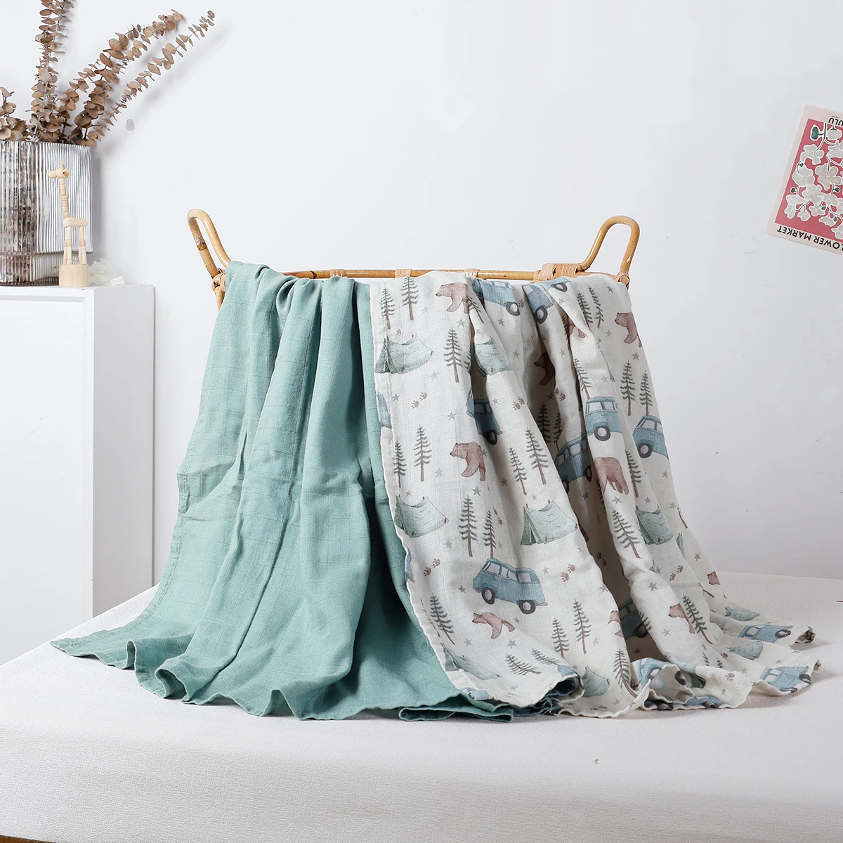 HappyFlute New 2PC/Set Digital Print Super Skin-friendly Bamboo Cotton Fabric 120*110CM Muslin Swaddle High Quality Baby Wrap