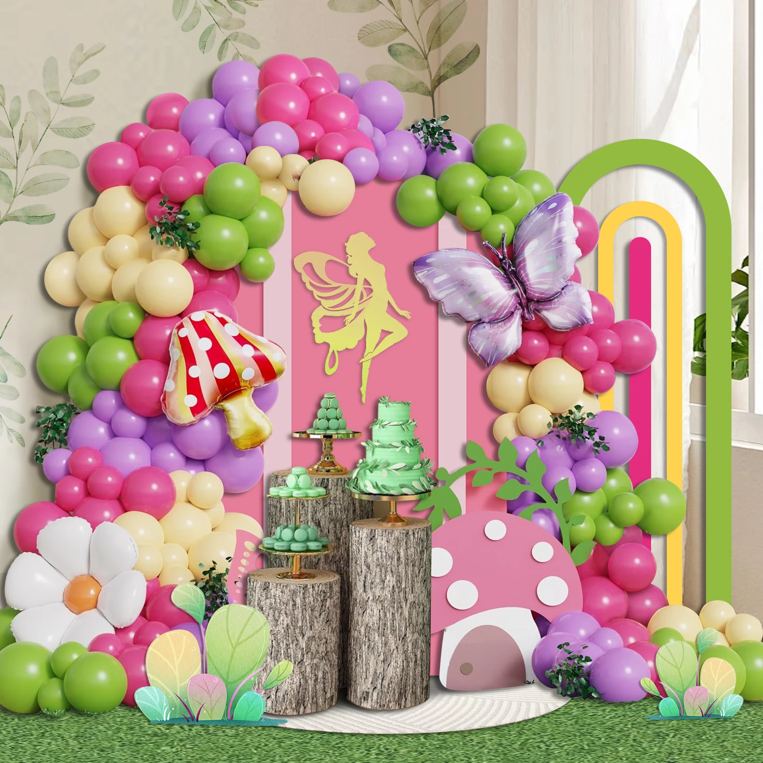Frühlings-Feen-Ballongirlanden-Set, 115 rosa und lila Ballons mit Gänseblümchen-, Schmetterlings- und Pilz-Folienballons, für Feen-Geburtstags- und Waldwunderland-Partydekorationen, kann als Fotohintergrund verwendet werden