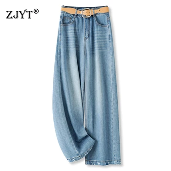 ZJYT Women's Loose Jeans Pants Summer 2026 New High Street Korean Fashion Blue Casual Trosuers Plus Size Bottoms Female Clothes