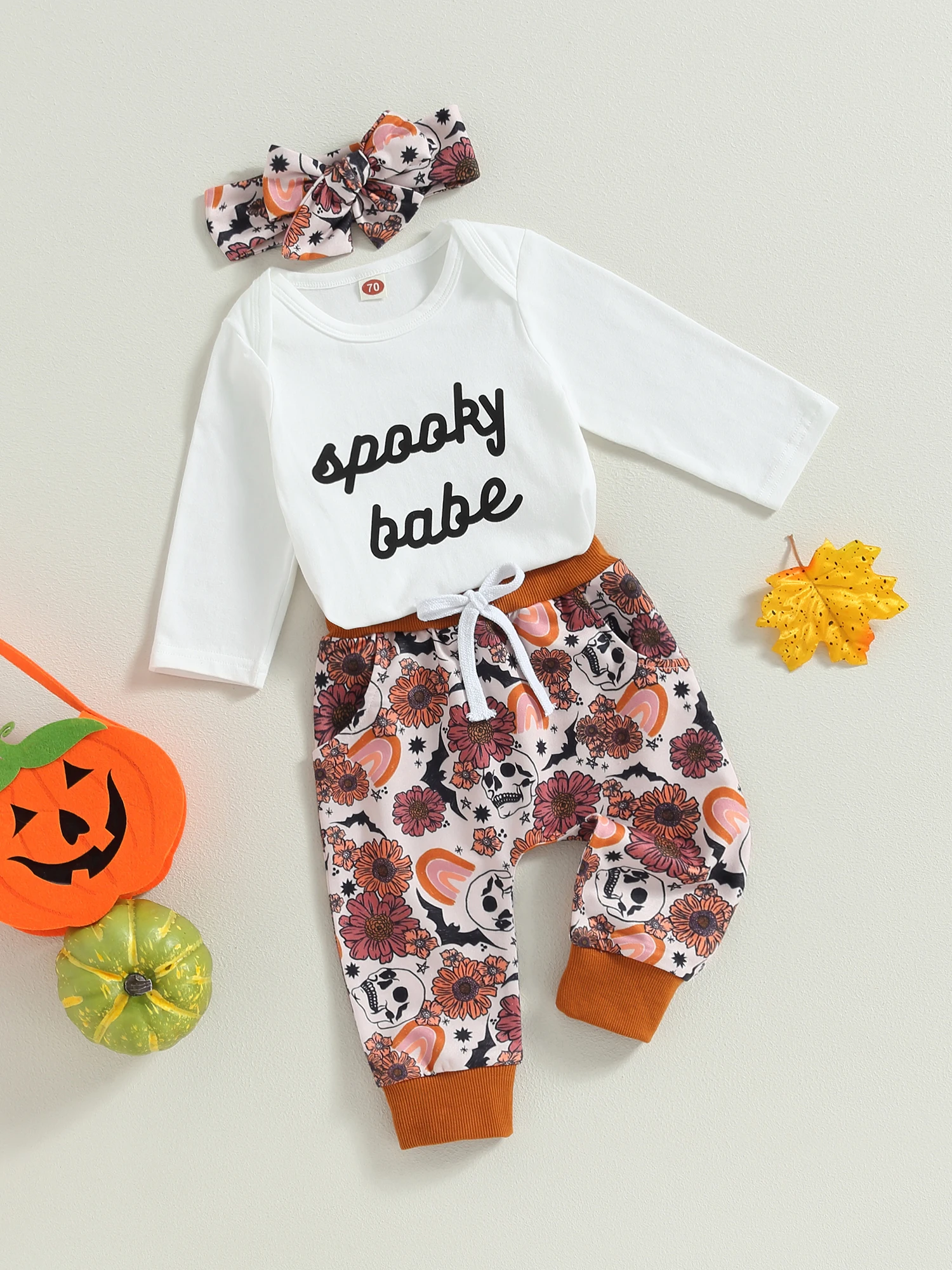 BabyBoysHalloweenCostumeShortSleevePumpkinPrintRomperStriped