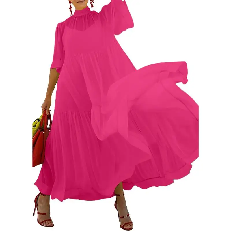 

Langmao Spring Summer Chiffon Pleated Maxi Dress Women Causal Solid Ruched Loose Fit See Through Long Dress Women -------- Women