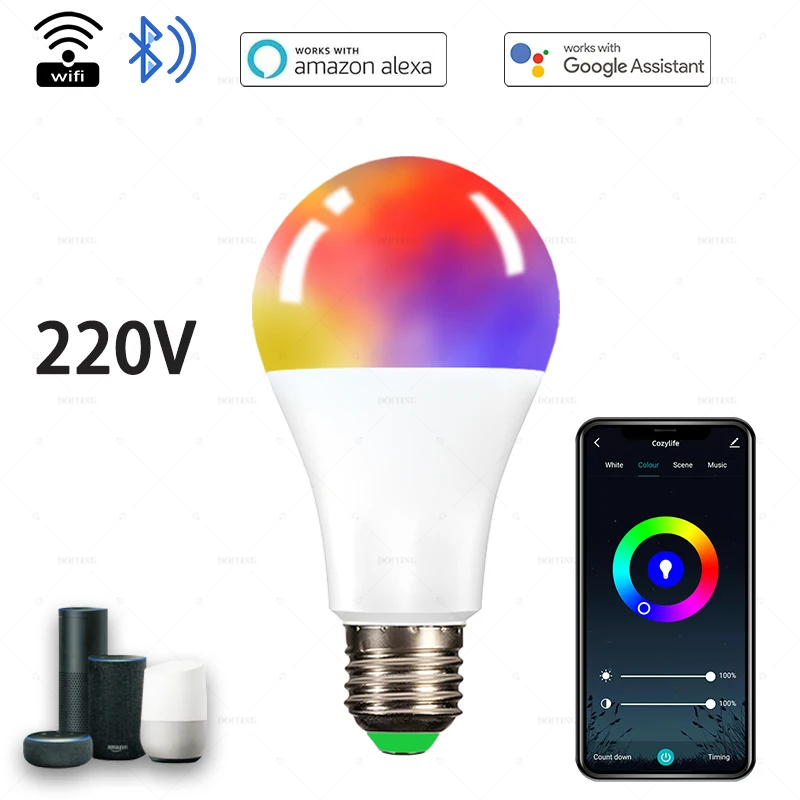 와이파이 E27 스마트 전구 A19 컬러 전구, 음악 동기화, 밝기 조절 RGB 스마트 홈 조명, 앱 타이밍 그룹, 음성 제어 알렉사