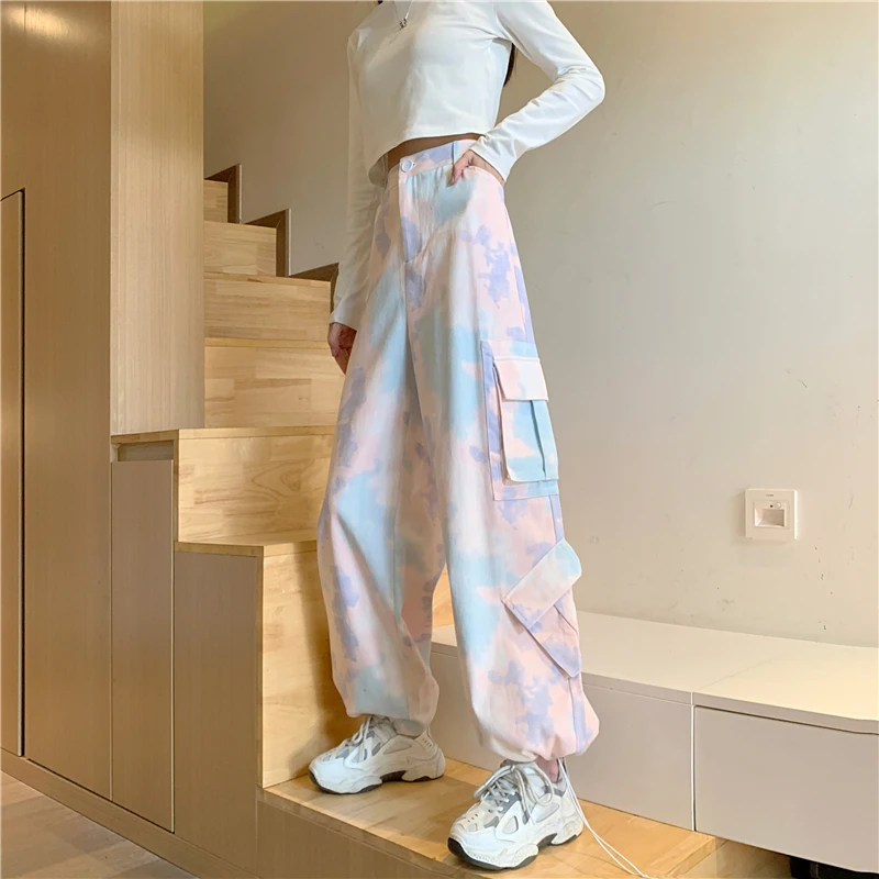 Tie Dye Hip Hop Overalls Women Harajuku Y2k Big Pockets Cargo Pants Women High Waist Loose Streetwear Trousers Joggers Pantalon yiciya overalls braced jeans detachable y2k stars pants jean american women s new high waist baggy wide legged pant trousers 90s