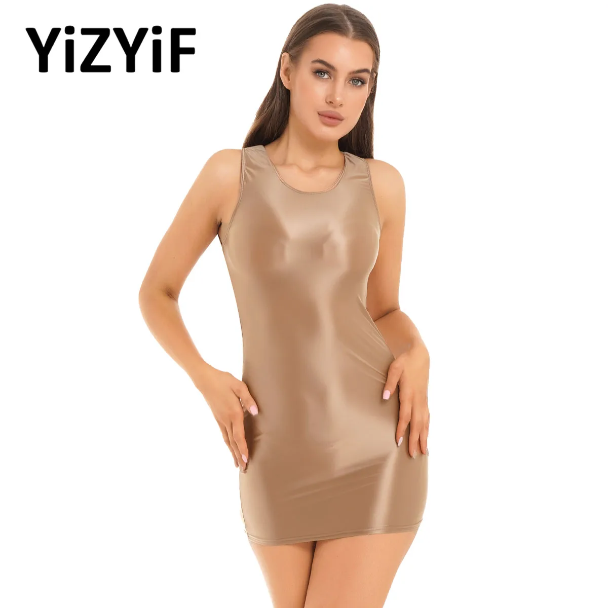 glossy bodycon dress Chic High Slit Glossy Cinched Bodycon Dress Aclosy