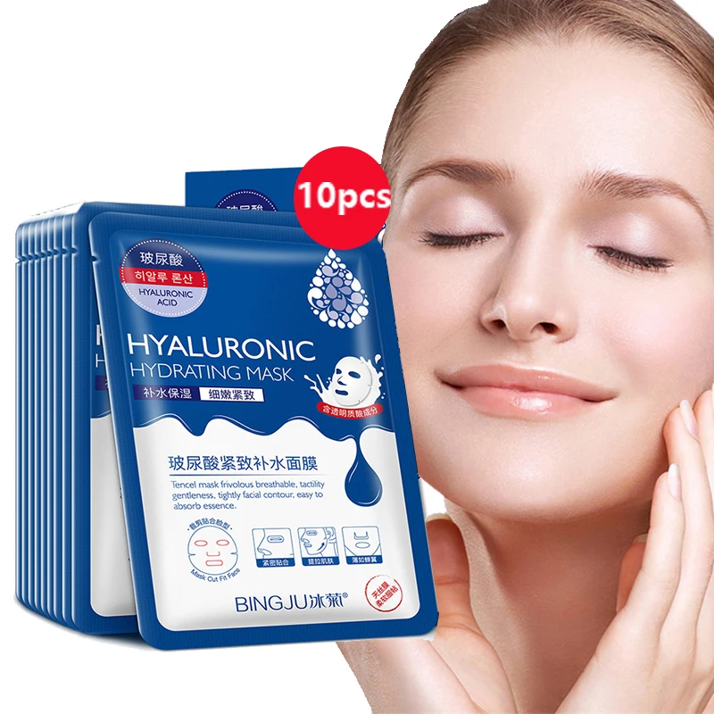 

10 Pcs Hyaluronic Acid Facial Mask Sheet Pores Moisturizing Oil-Control Face Mask Whitening Beauty Korean Skin Care Products