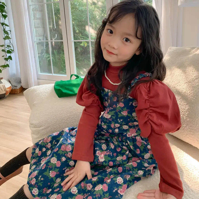 

2023 korean spring autumn children girls clothes set cotton mid high collar puff sleeve shirts suit floral dress infant outfit