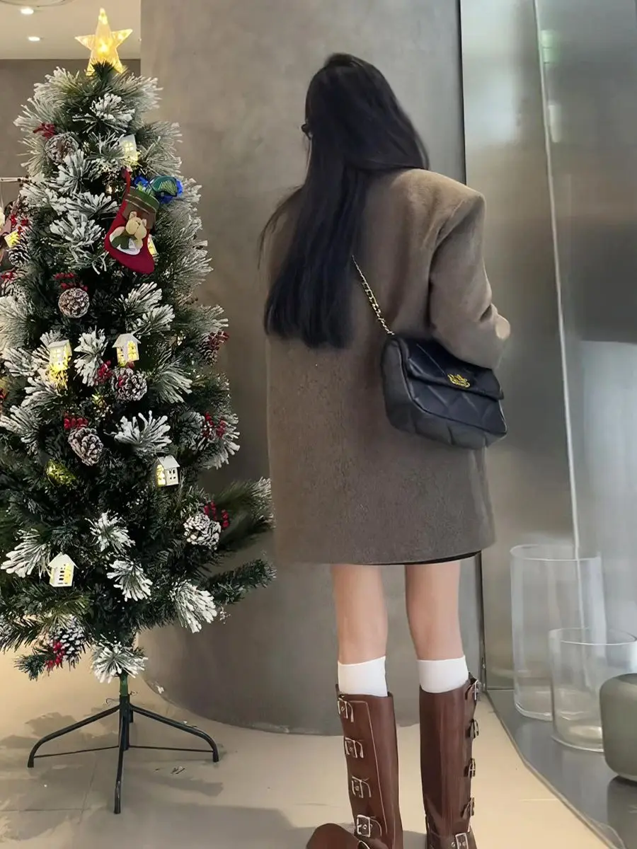 Women's Autumn/winter Cotton College Style Short Woolen Blazer Retro Casual Solid Color Loose Double Breasted Woolen Suit Jacket
