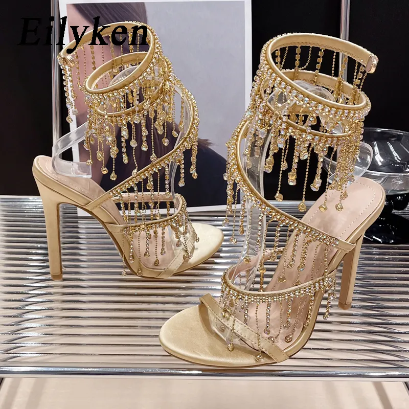 

Eilyken Golden Crystal Rhinestone Women's Sandals Fashion String Bead Nightclub Stiletto Heel Wrap Strap Peep Toe Summer Shoes
