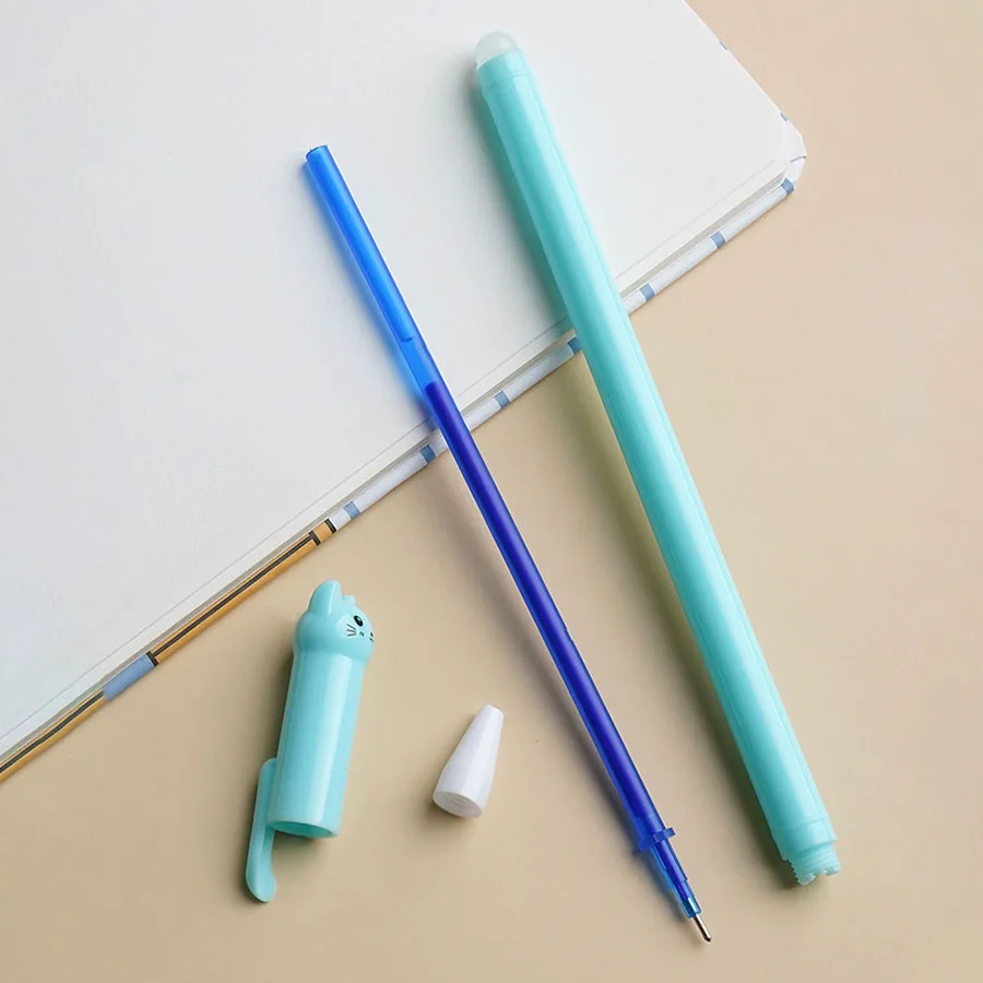 6pcs/set cat neutral erasable pen cute wagging tail cat hot erasable pen eraser student stationery 0.5mm Black blue ink pen