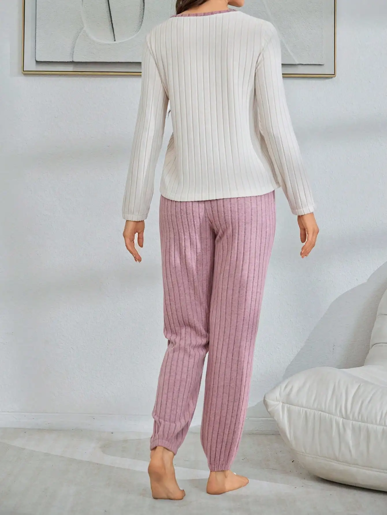 2pcs Plush Heart Embroidered Lounge Set for Women, Cozy Autumn Winter Pajama Pants & Top