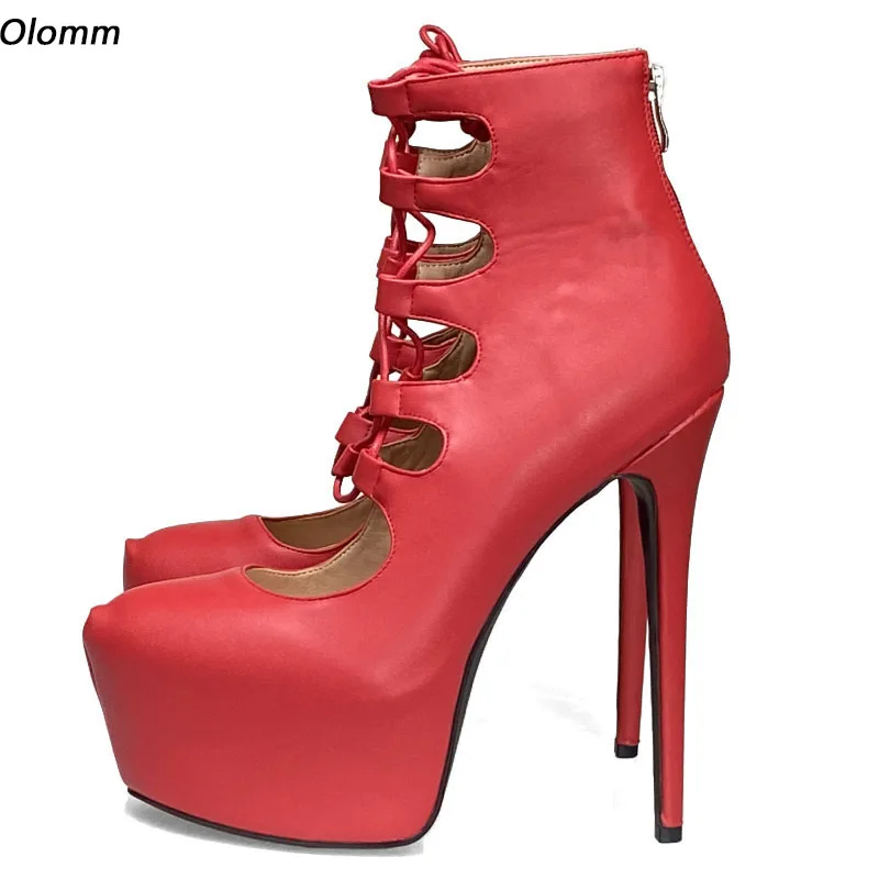 

Olomm Handmade Women Spring Platform Ankle Boots Stiletto Heels Round Toe Amazing Red Fuchsia Dress Shoes Plus US Size 5-20