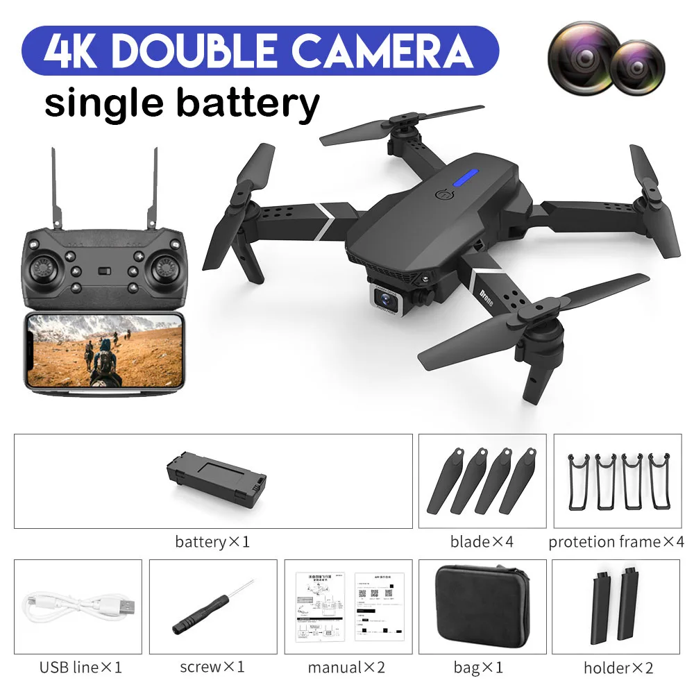 E88 Rc Mini Drone 4k Professional Hd Dual Camera Live Transmission Camera Wifi Fpv Mini Folding Quadcopter Toy Bo flying camera Camera Drones