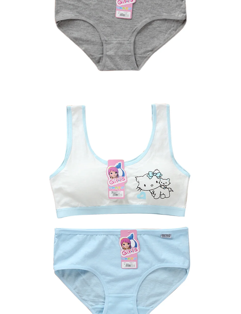 LJMOFA Girls Cute Underwear Set Kids Cotton Sports Training Bra Solid Color Letters Printed Neckline Teenage Briefs Panties B219