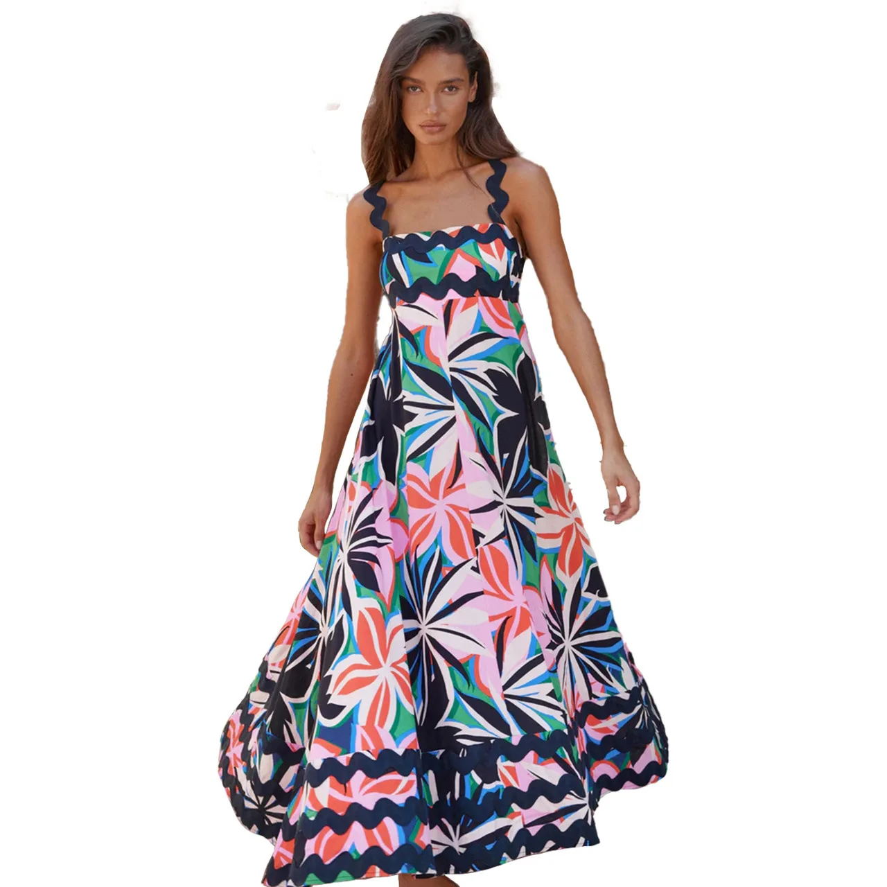 Bohemian Summer Printed A-line Long Dress Sexy Backless Holiday Beach Spaghetti Strap Dresses For Women Maxi Vestidos Para Mujer