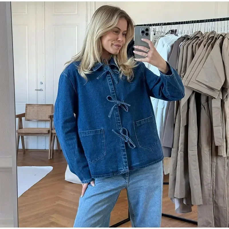 Camisa vaquera con cordones para mujer, blusa holgada de manga larga con solapa y cuello alto, primavera 2025