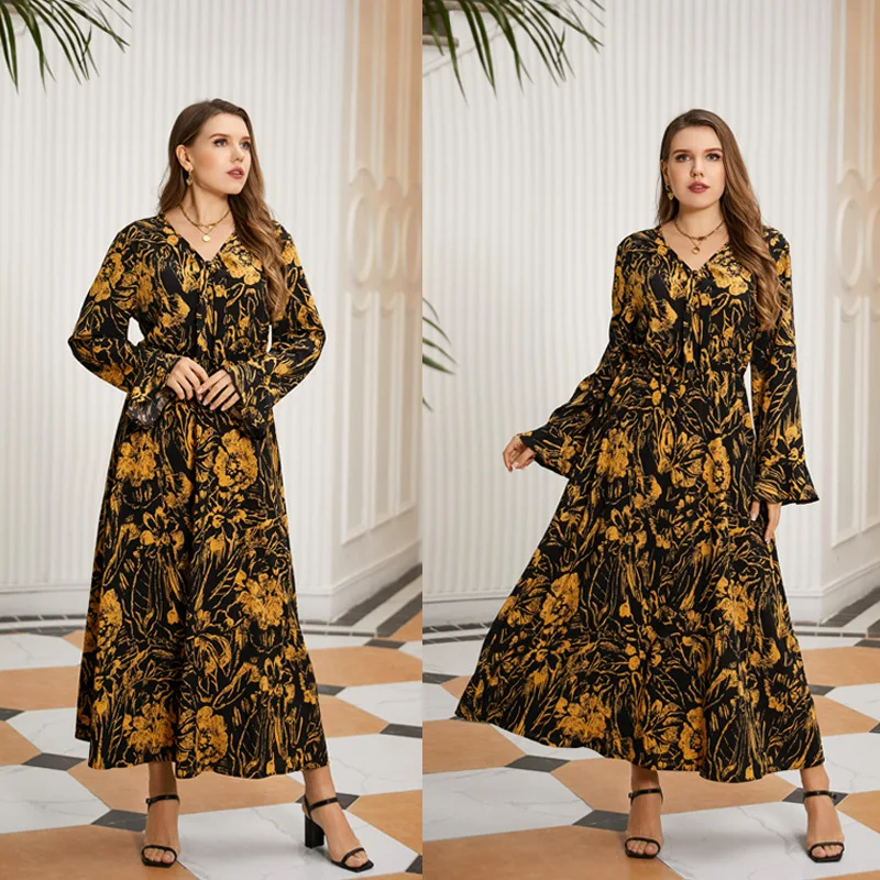 

2022 New Feminine Style Large Women's Retro Mid length Loose and Slim Colored Casual V-neck Dress