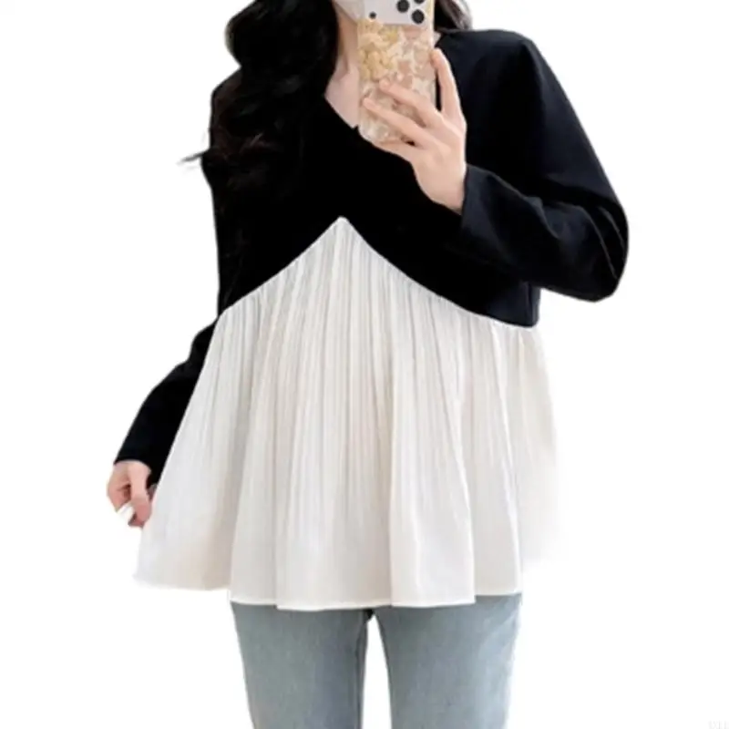 패치워크 디자인 탑 데일리 아웃도어 착용을 위한 편안한 임산부 블라우스
