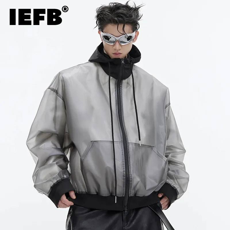 

IEFB Transparent Male PU Leather Hooded Jackets Personalized Drawstring Gradient Color Men's Short Coat Spring New Chic 9C4317