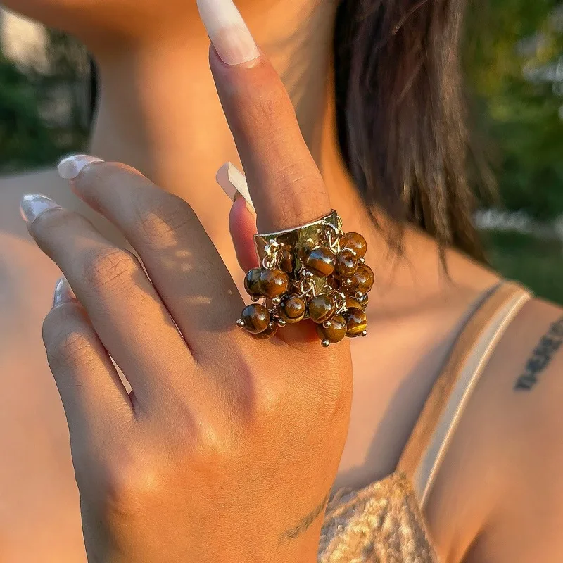 Vintage Natural Stone Beads Tassels Pendant Open Ring for Women Luxury Gold Color Rings Wedding Party Boho Jewelry