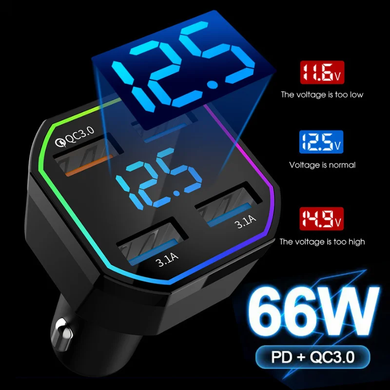 

66W Car Charger QC3.0 USB 3.1A PD Type C Phone Adapter Fast Charging for IPhone 13 Pro Xiaomi Huawei Samsung Chargers