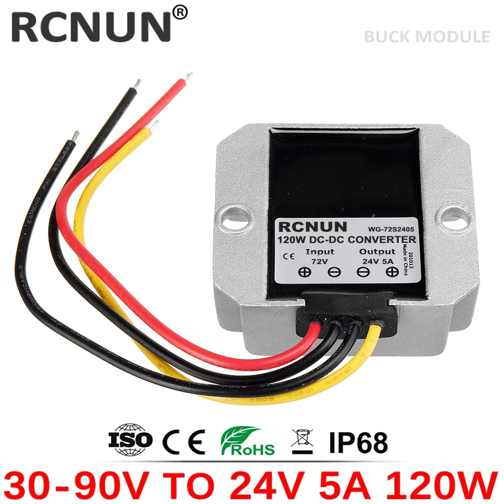 RCNUN 30-90V 36V 48V 60V 72V to 24V 5A 120W DC DC Buck Converter 24Volt Step-down Voltage Regulator Transformer Car Power Supply