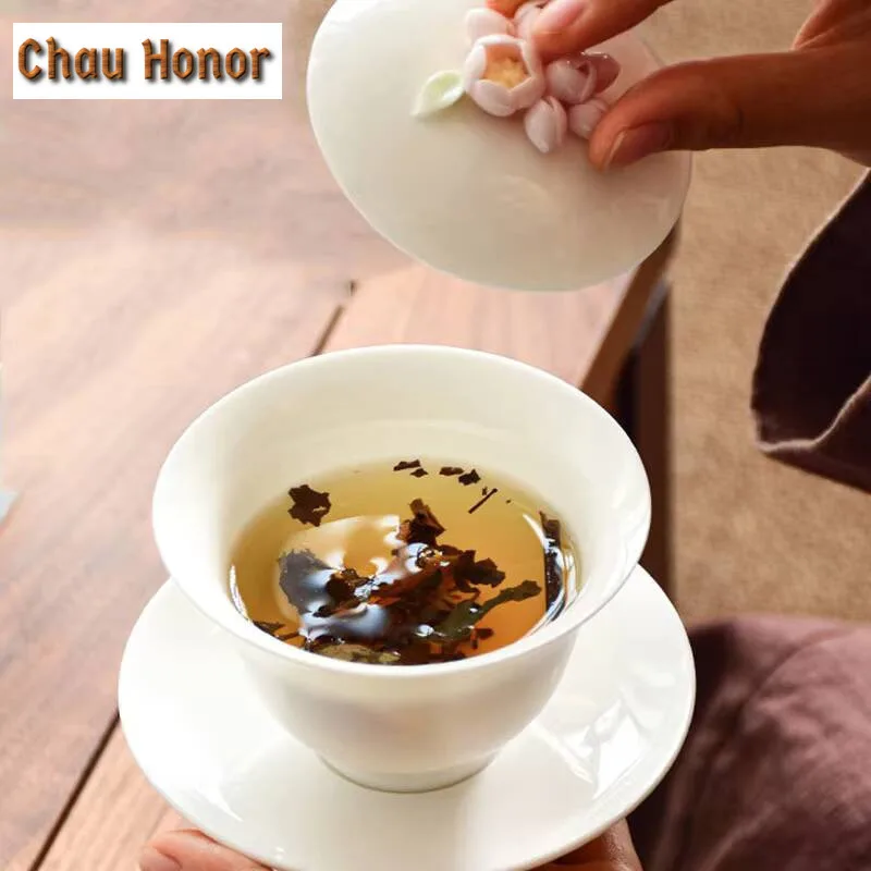 160ml Dehua Lanolin Jade White Porcelain Handmade Flower Kneading Pink Cover Bowl Kung Fu Tea Set Household Tea Bowl Drinkware