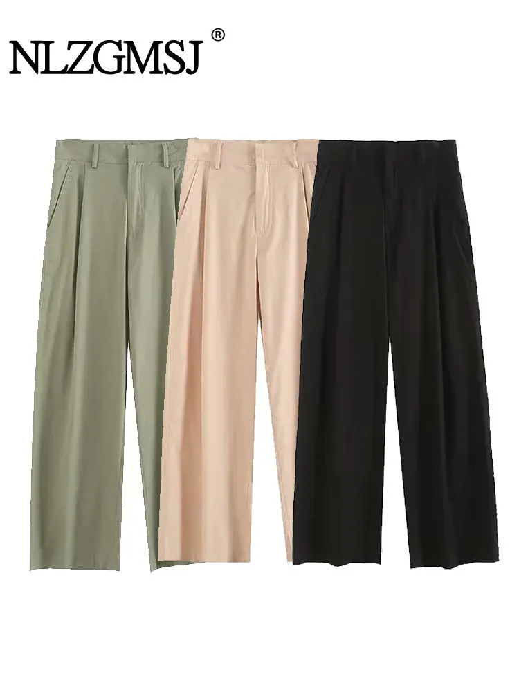 

Nlzgmsj TRAF Women Casual Three Coloer Zipper Ladies Loose Long Trousers Women Fashion Solid High Waist Wide Leg Pants Lady