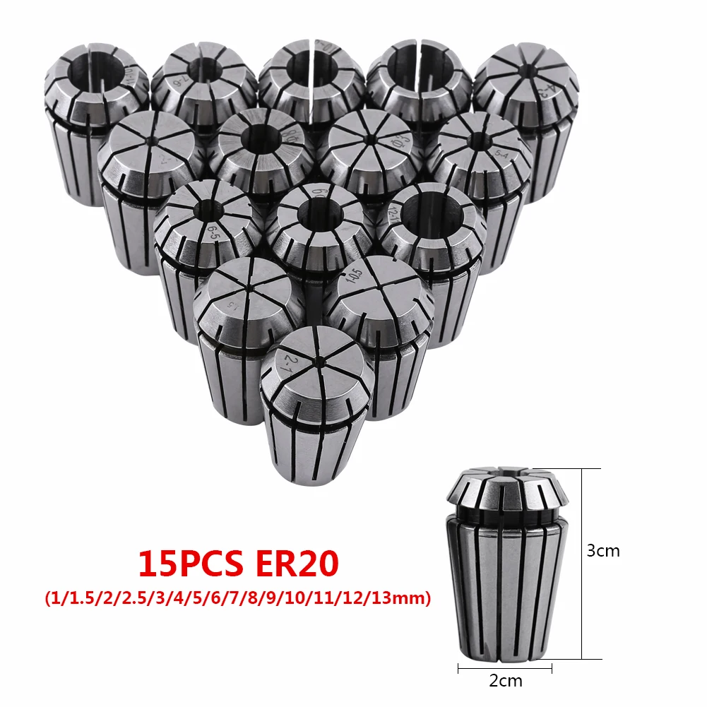 15Pcs ER20 Spring Collet Set for CNC Engraving Machine and Milling Lathe Tool 1‑13mm