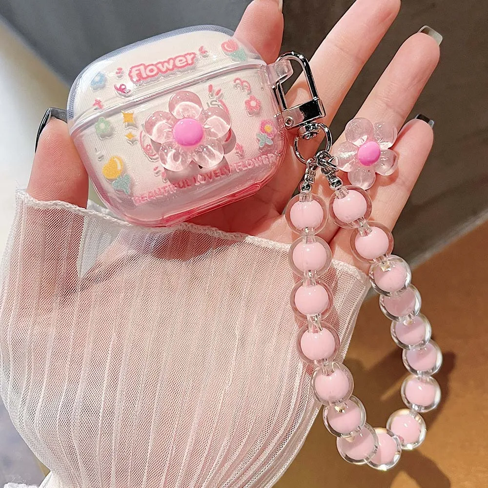 Korean Floral Soft TPU Clear Protective Earphone Case with Beaded Bracelet Pendant