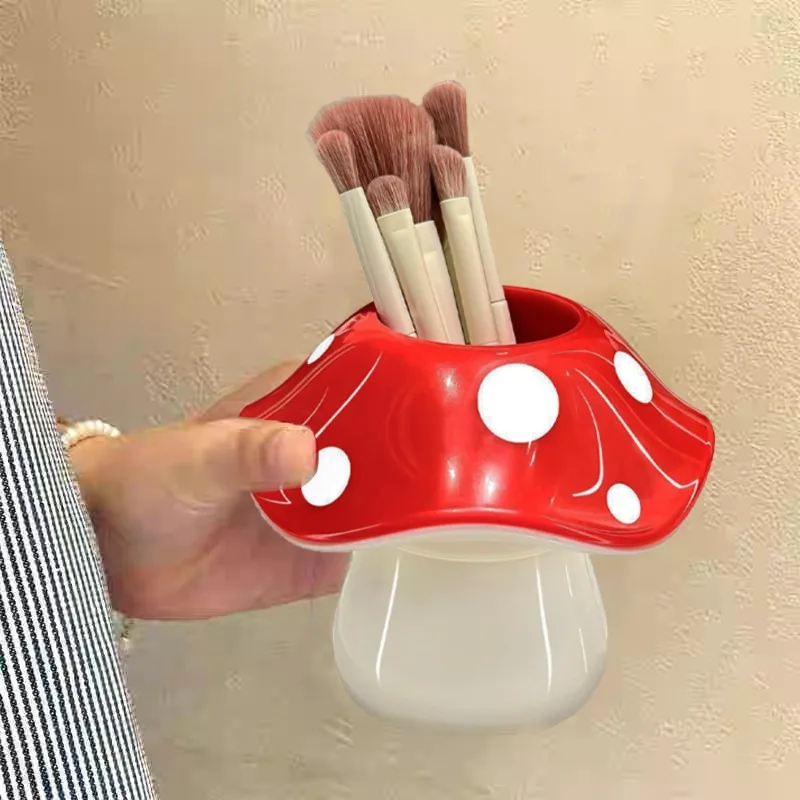 Plastic Red Brown Mushroom Storage Box Makeup Brush Holder