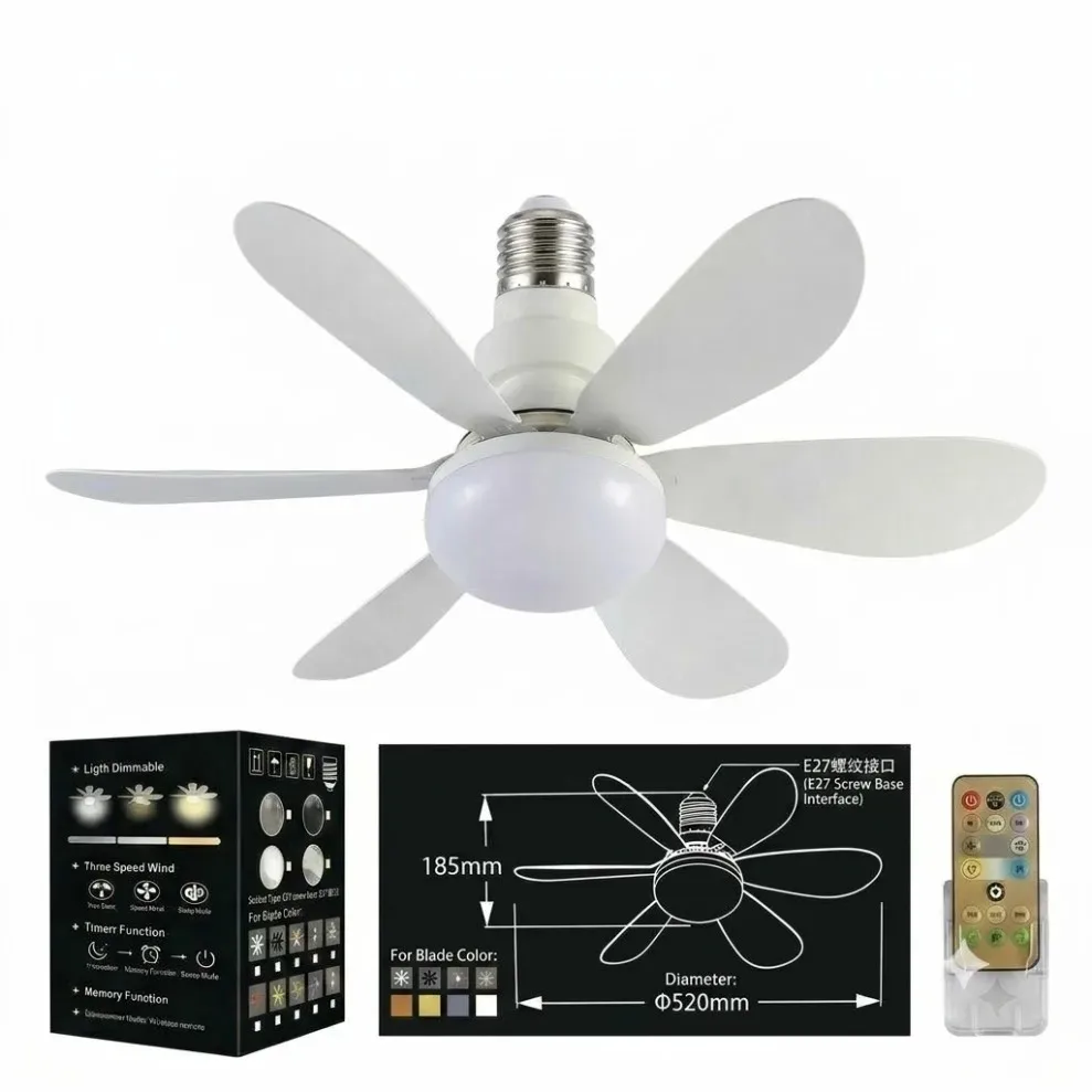 Remote-Controlled LED Ceiling Fan Light, Dimmable, 40W-30W E27, Ideal