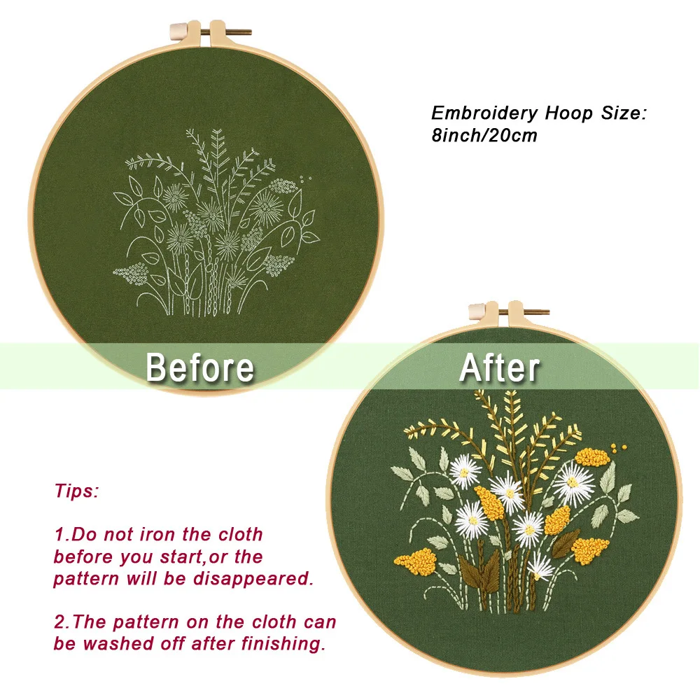 Embroidery Starter Kit for Beginners, Dandelion Pattern Cross Stitch Kits for Adults, Green Fabric with Hand Embroidery Kits